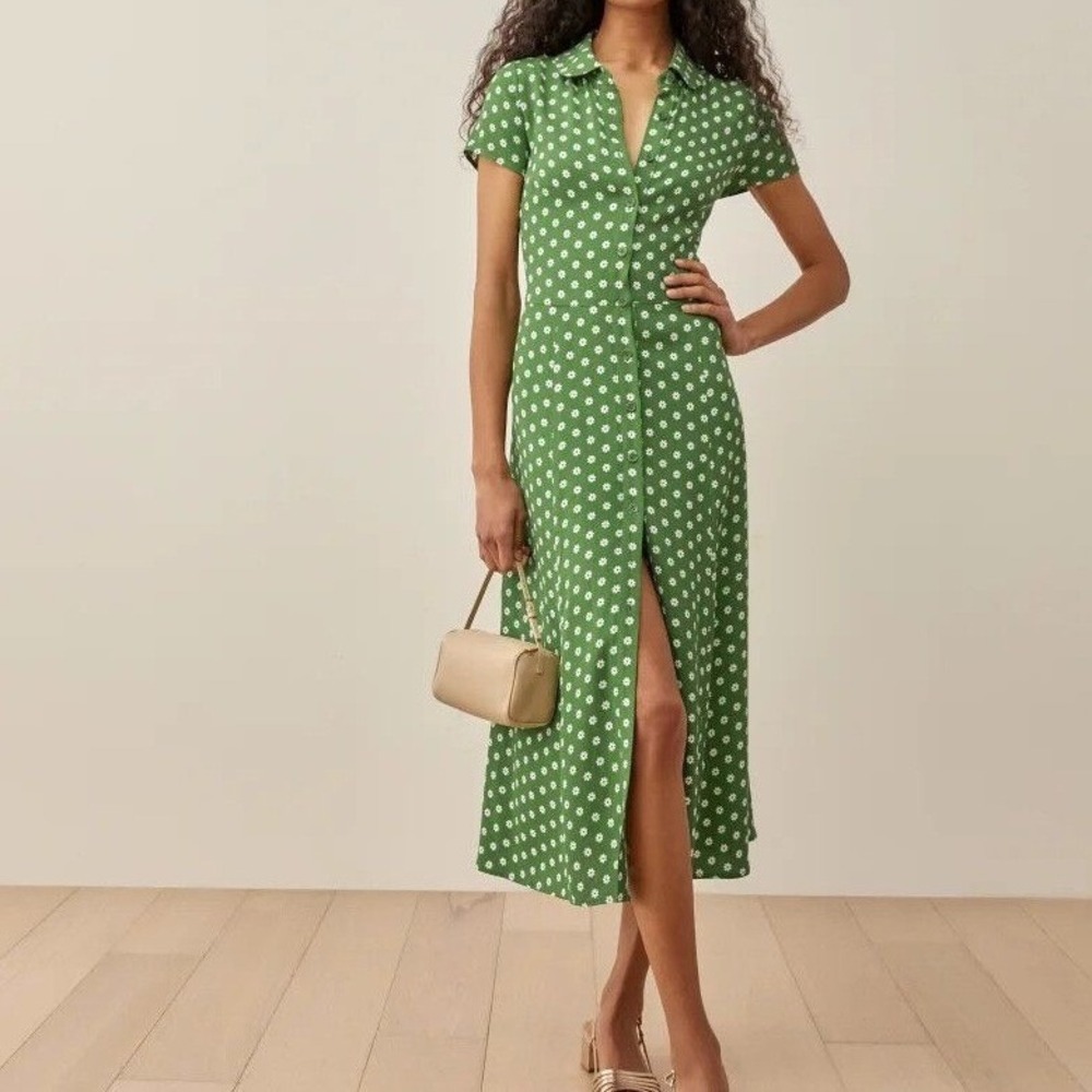 Reformation Wilma Dress Green White Daisy Floral Button Front Midi Size 12
